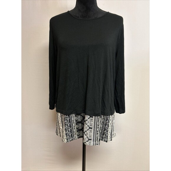 J. Jill Tops - J.Jill Wearever Collection large Top black 3/4 sleeve Layered Hem White Print